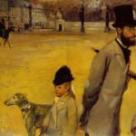 Painting detail showing a greyhound by Degas