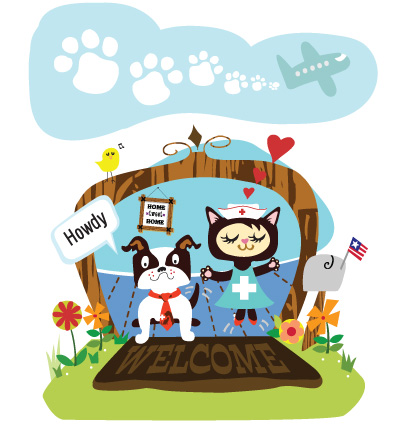 Illustration of cute pets standing on a welcome mat jumping for joy